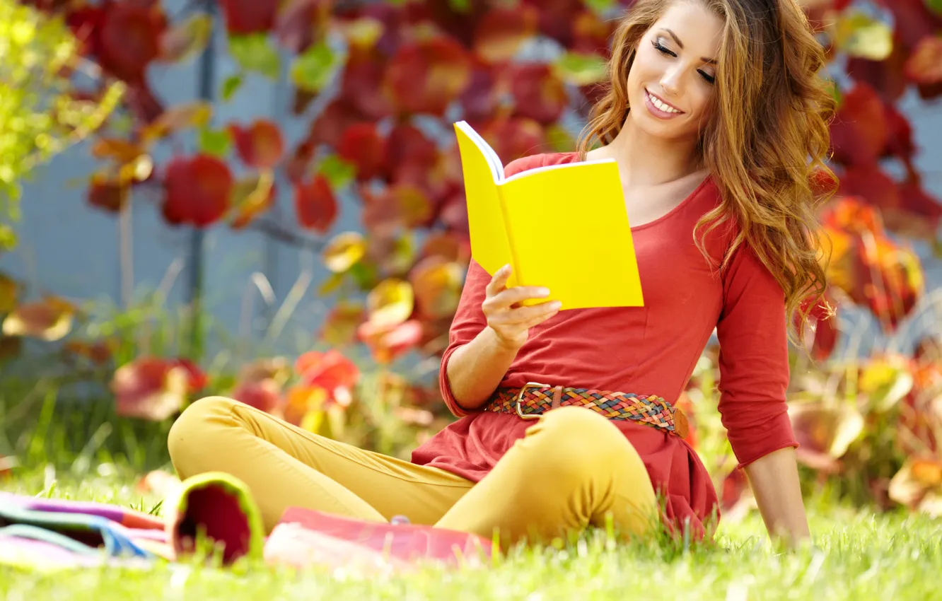 Photo wallpaper autumn, grass, leaves, girl, book, brown hair, notebook, yellow