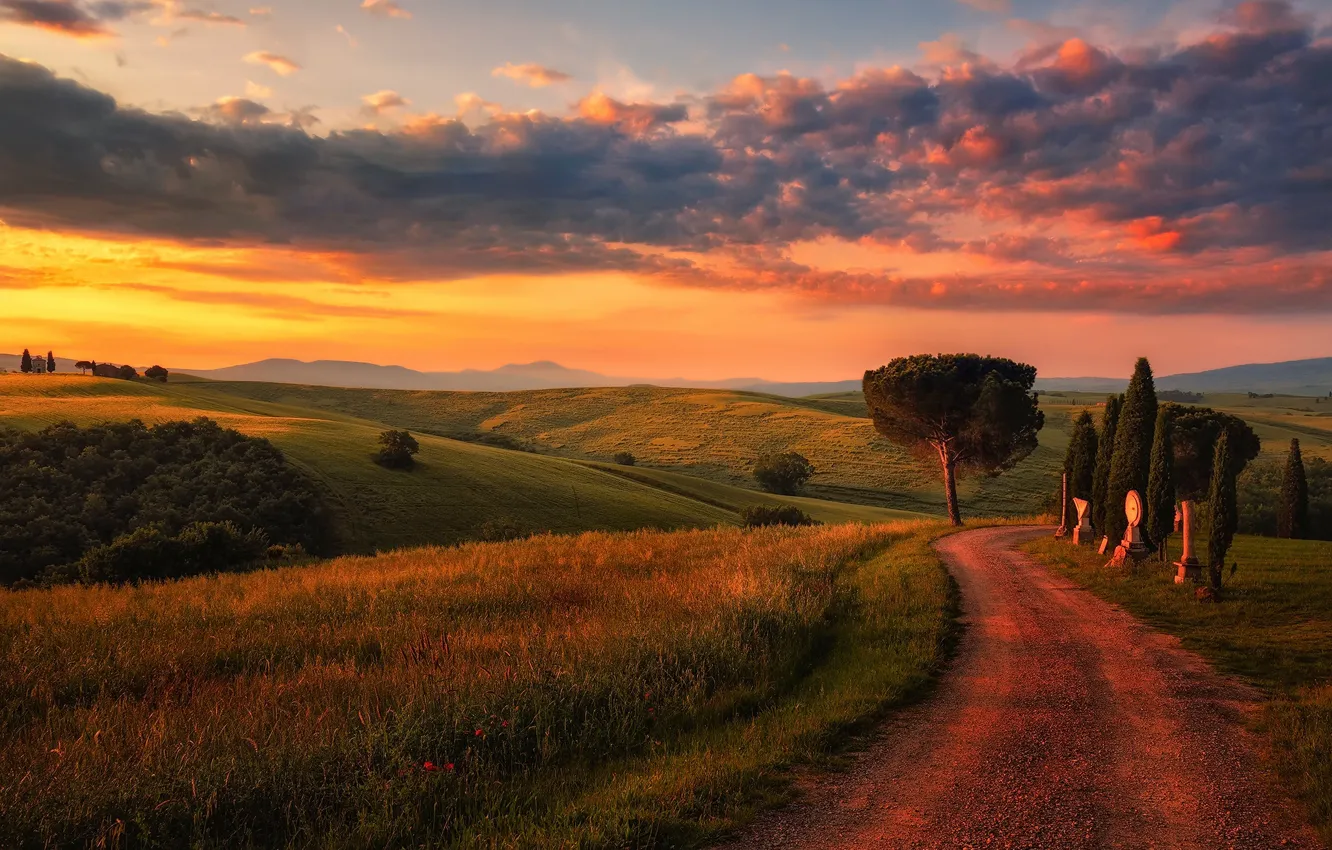 Photo wallpaper road, the sky, clouds, light, field, the evening, morning, Italy