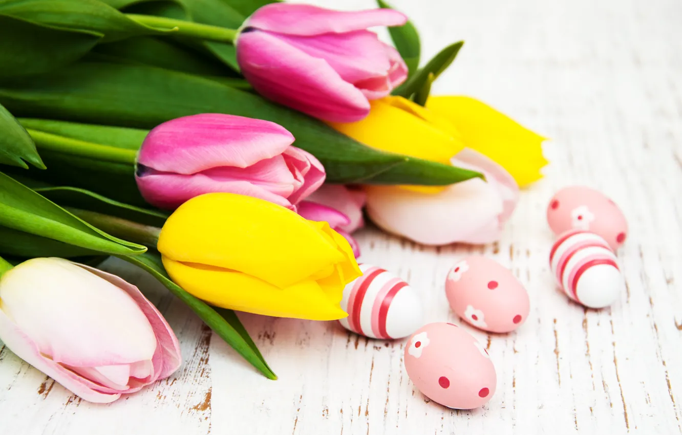 Photo wallpaper flowers, eggs, spring, colorful, Easter, tulips, happy, yellow