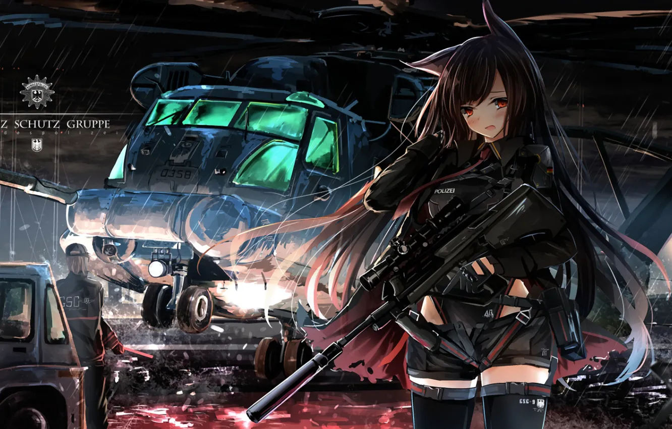 Photo wallpaper girl, weapons, helicopter