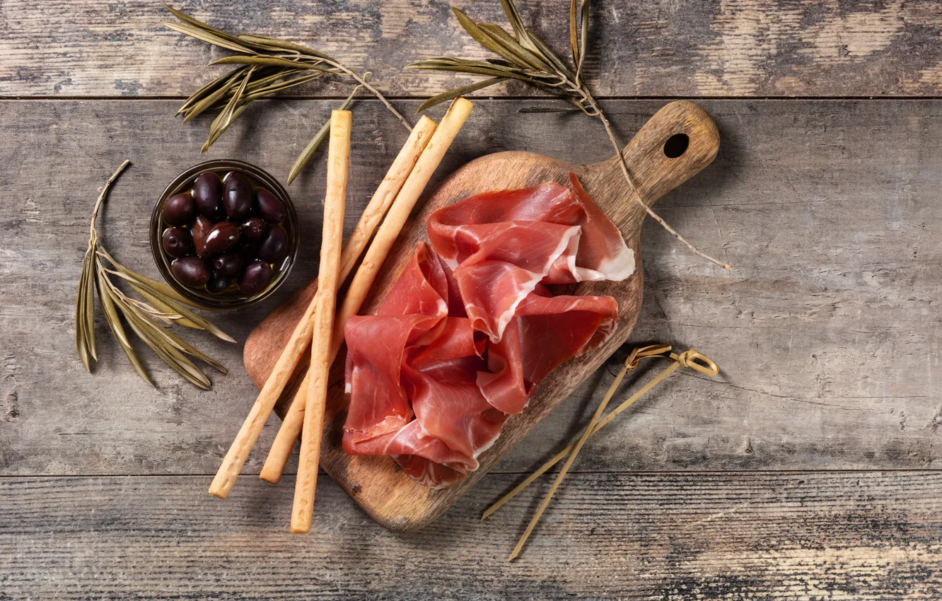 Photo wallpaper sprig, Board, sticks, meat, bokeh, cutting, olives, ham