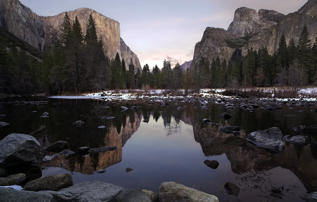 Photo wallpaper sunset, Yosemite, mountains, rocks, Valley