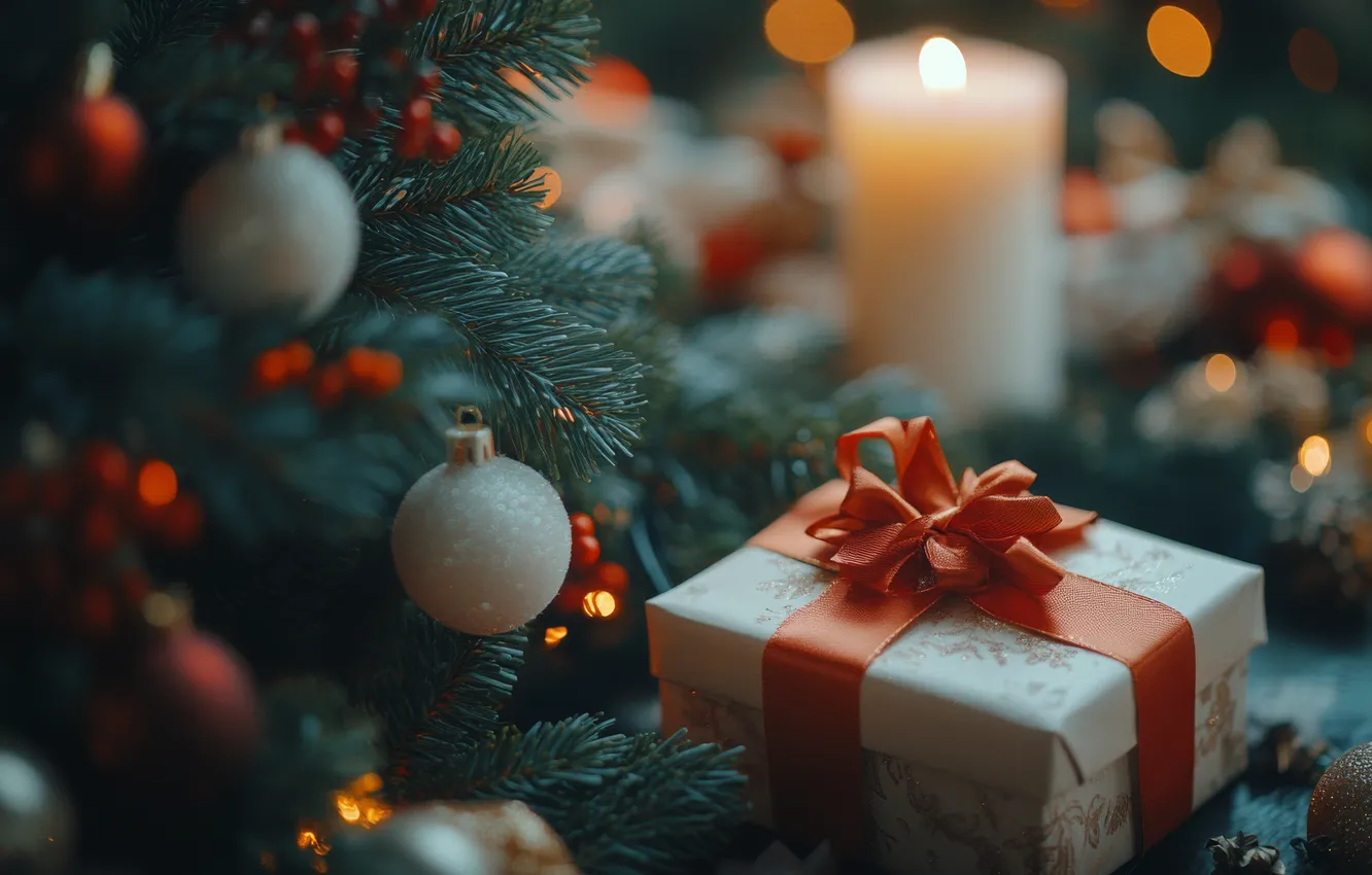 Photo wallpaper winter, balls, branches, box, gift, new year, candles, Christmas