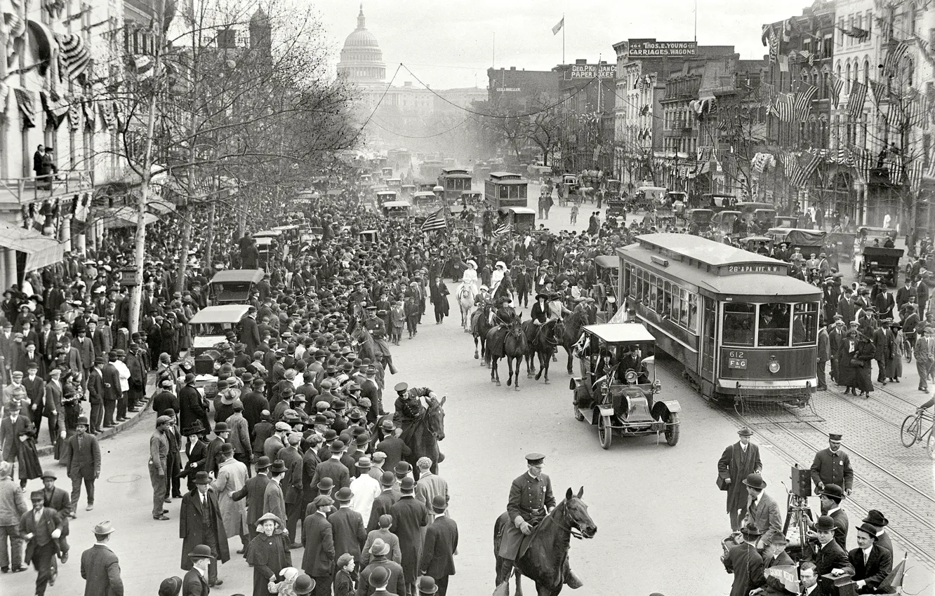 Photo wallpaper retro, street, people, Washington, tram, USA, Capitol, 1913-the year