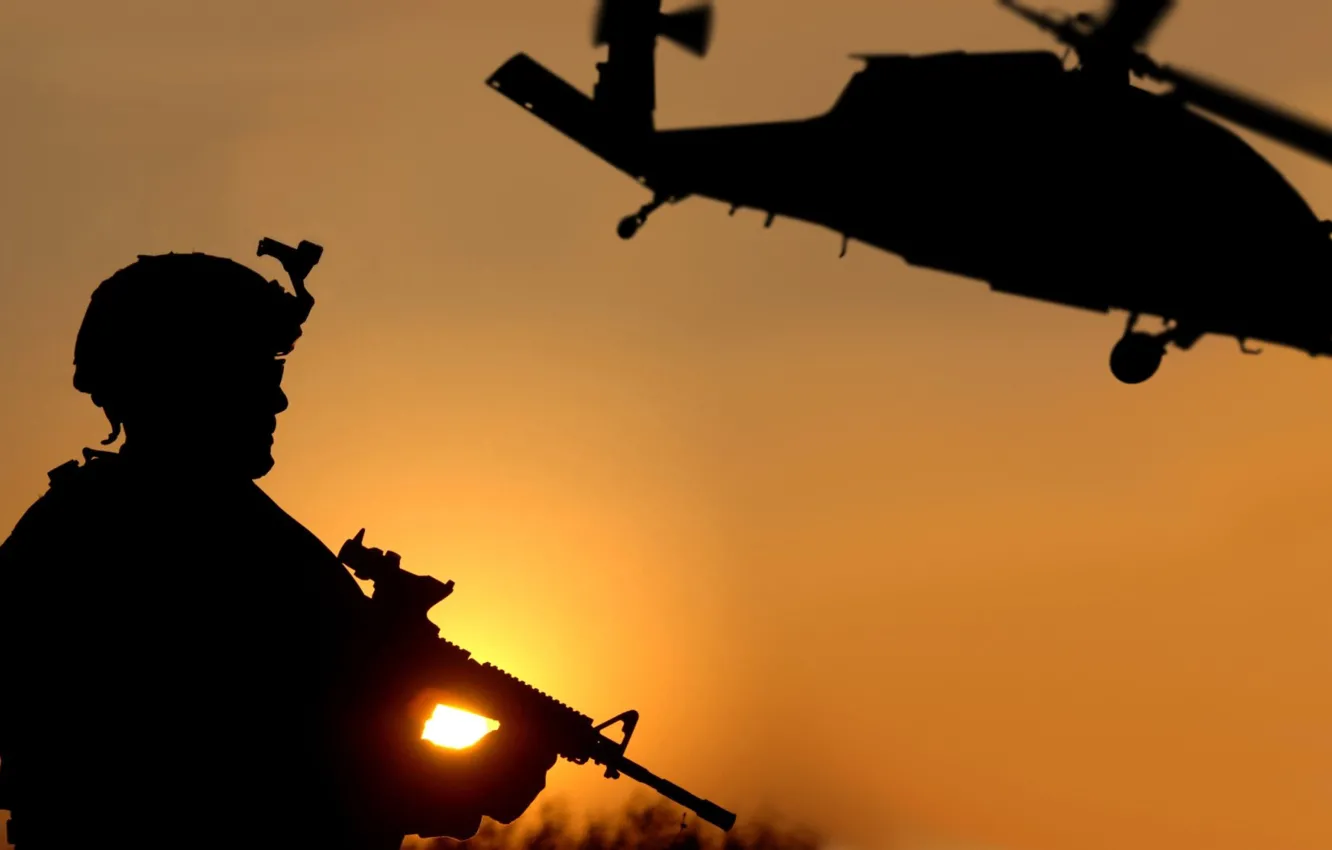 Photo wallpaper Sunset, Black, War, Helicopter, Army, Soldiers, Weapons