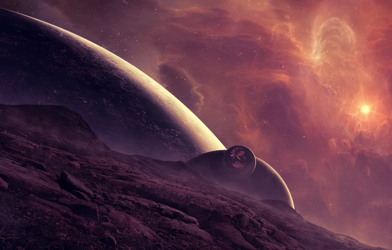 Photo wallpaper space, stars, surface, nebula, planet, satellite, art, relief