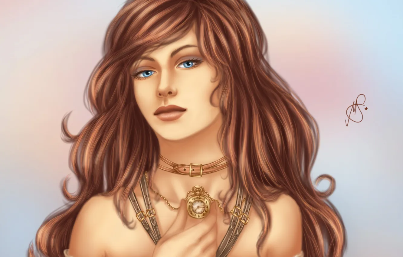 Photo wallpaper look, girl, face, hair, watch, hands, art, blue eyes