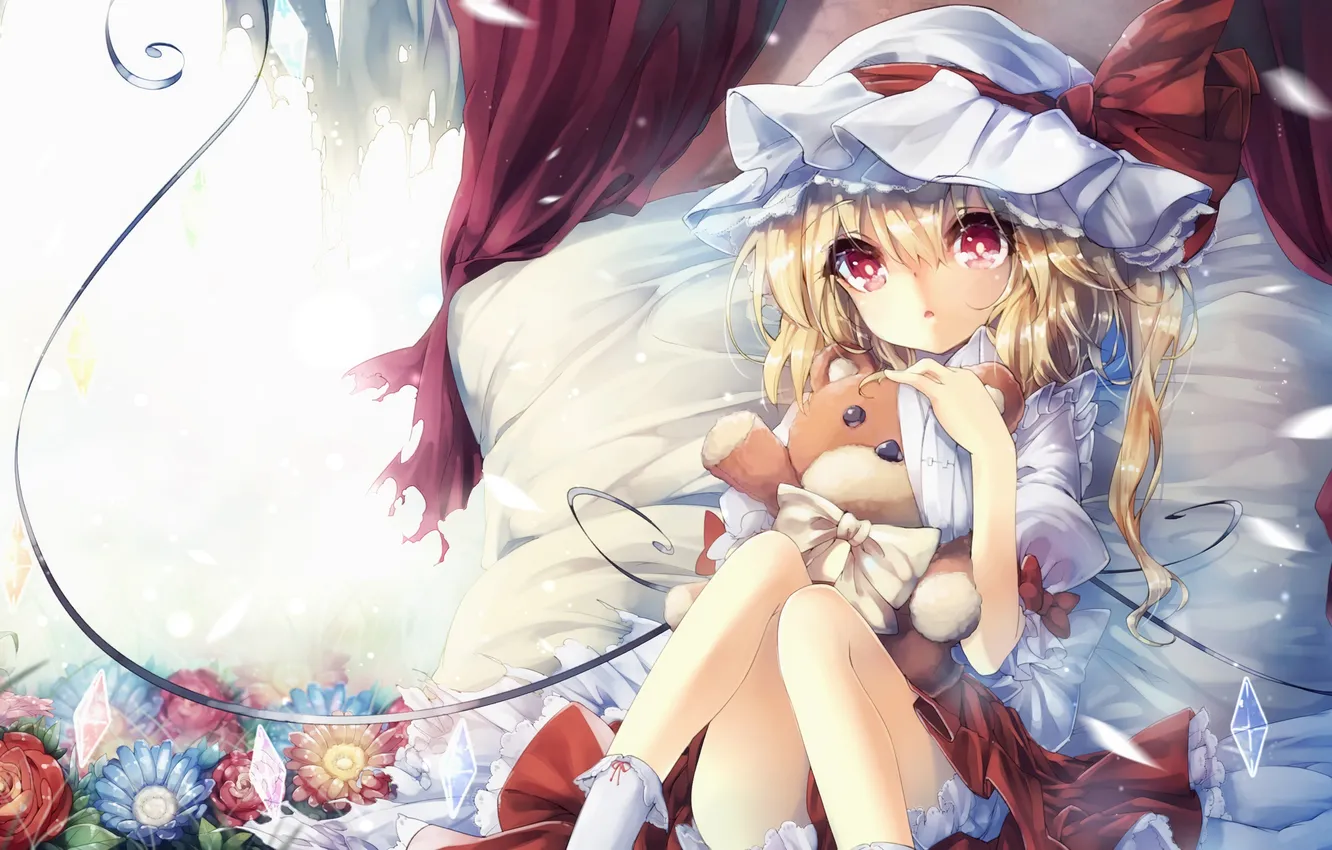 Photo wallpaper look, girl, toy, surprise, bed, touhou, art, flandre scarlet