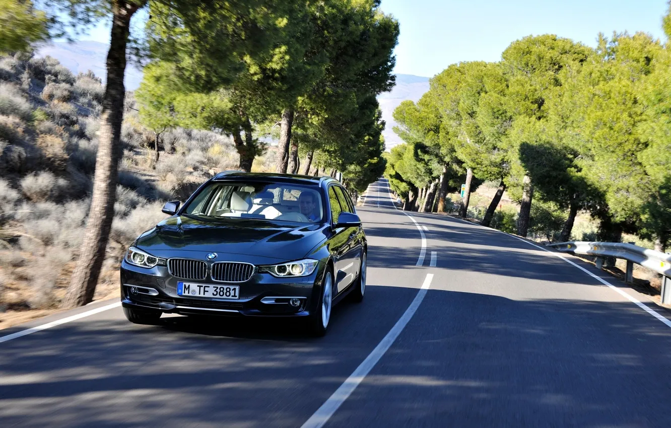Photo wallpaper road, trees, BMW, BMW, the front, universal, 3 Series, Touring