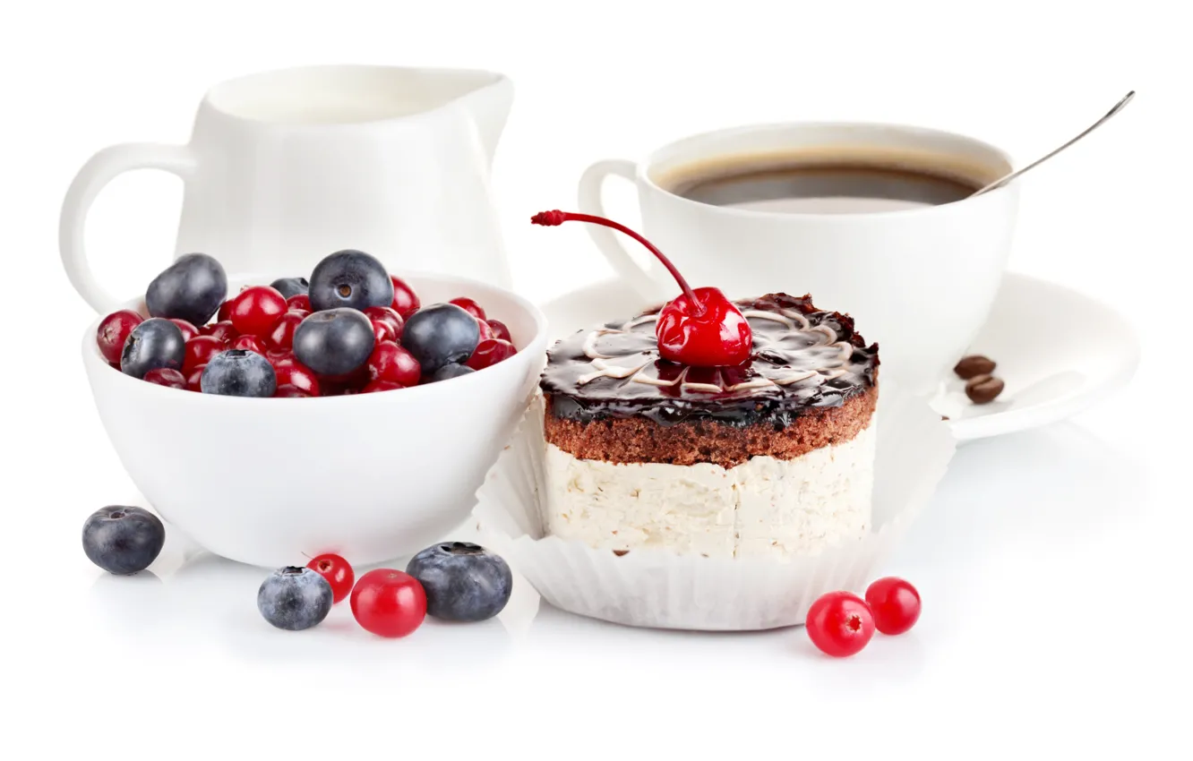 Photo wallpaper berries, coffee, food, cream, plate, spoon, Cup, cake