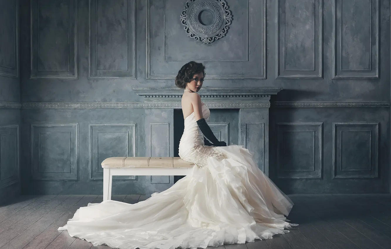 Photo wallpaper girl, dress, brunette, gloves, Asian