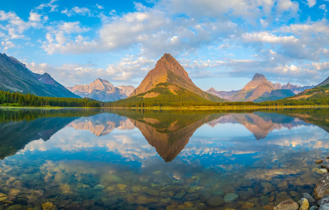 Photo wallpaper clouds, mountains, lake, reflection, USA, Glacier National Park