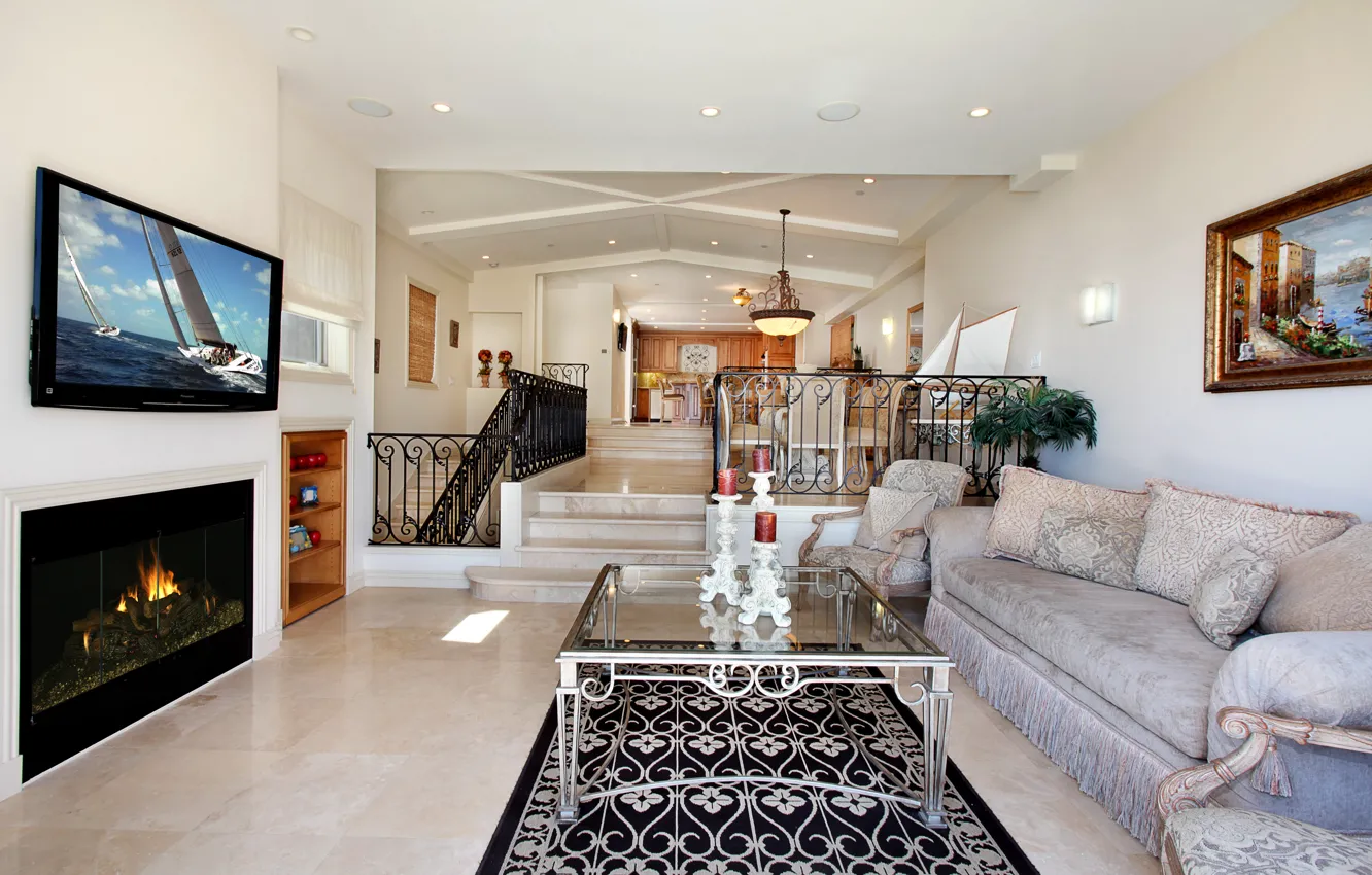 Photo wallpaper design, photo, sofa, carpet, interior, TV, fireplace, living room