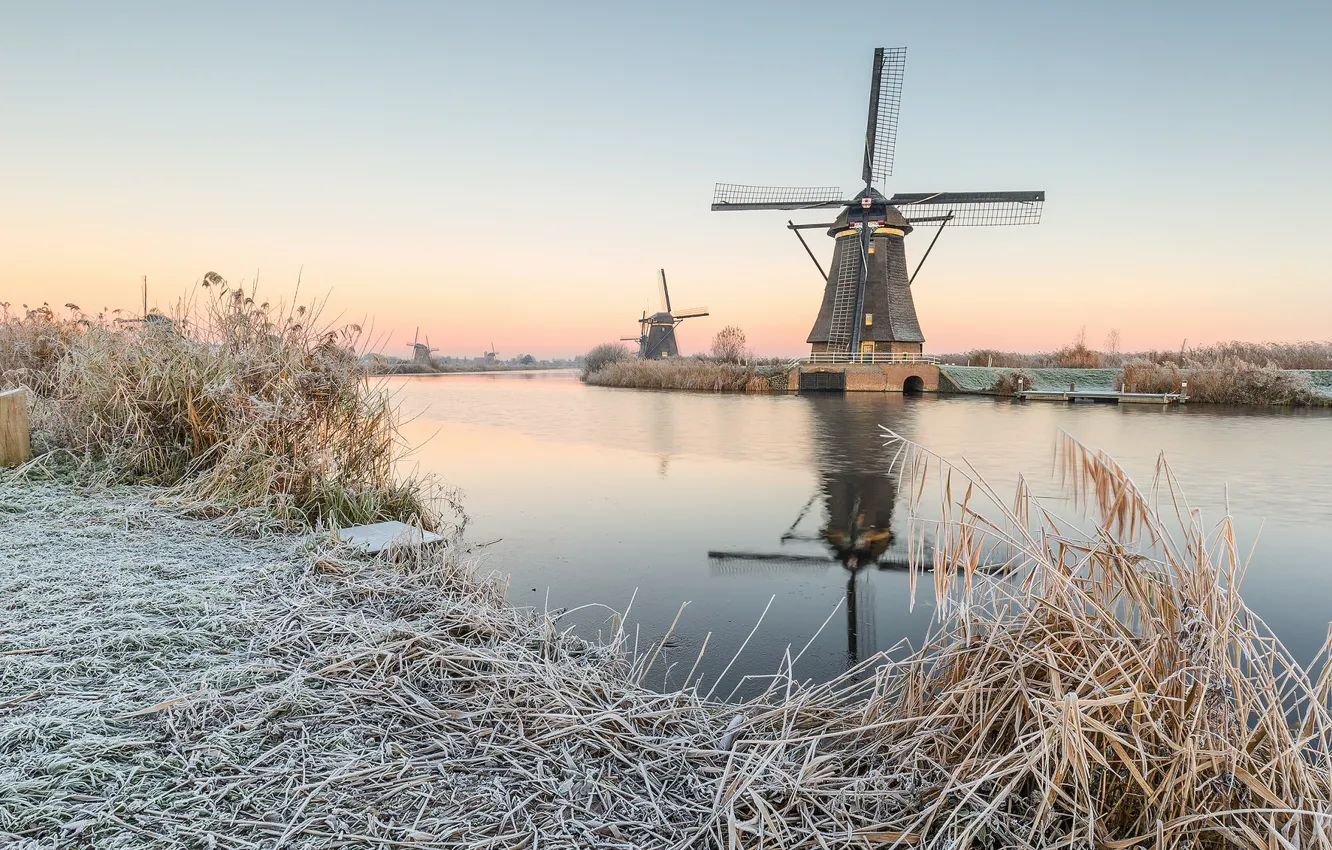 Photo wallpaper winter, morning, sunrise, dawn, Netherlands, canal, Molenwaard, Kinderdijk