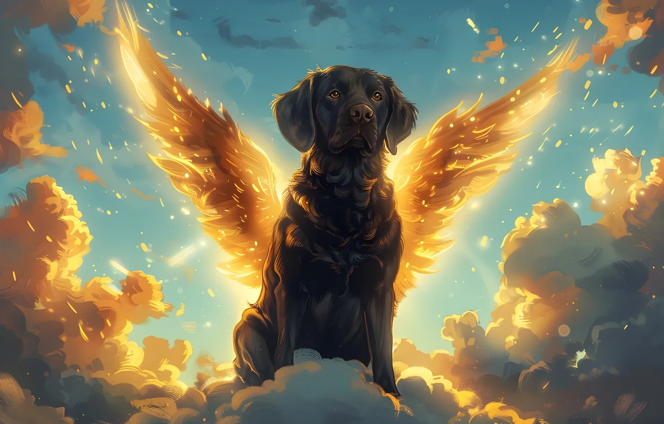 Photo wallpaper clouds, wings, dog, angel, Labrador, digital art, AI art, The Art of Artificial Intelligence