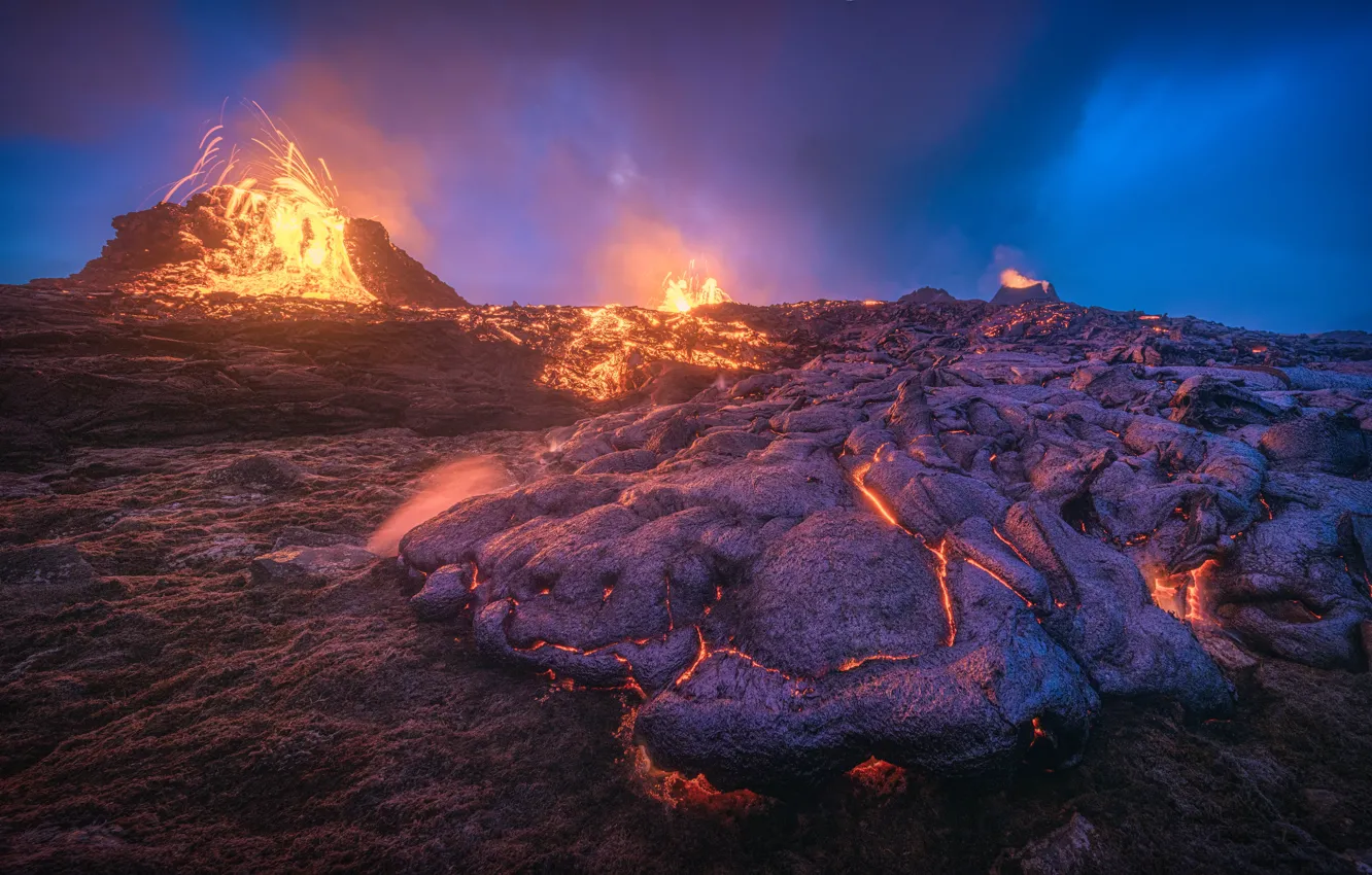 Photo wallpaper mountains, lights, the volcano, the eruption, lava, relief