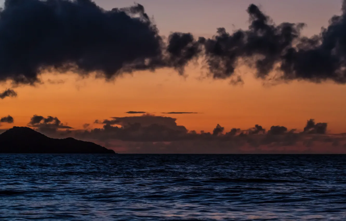 Photo wallpaper sea, clouds, sunset, mountain