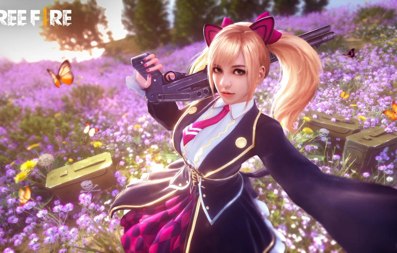 Photo wallpaper look, trees, weapons, butterfly, the game, game, school uniform, school uniform