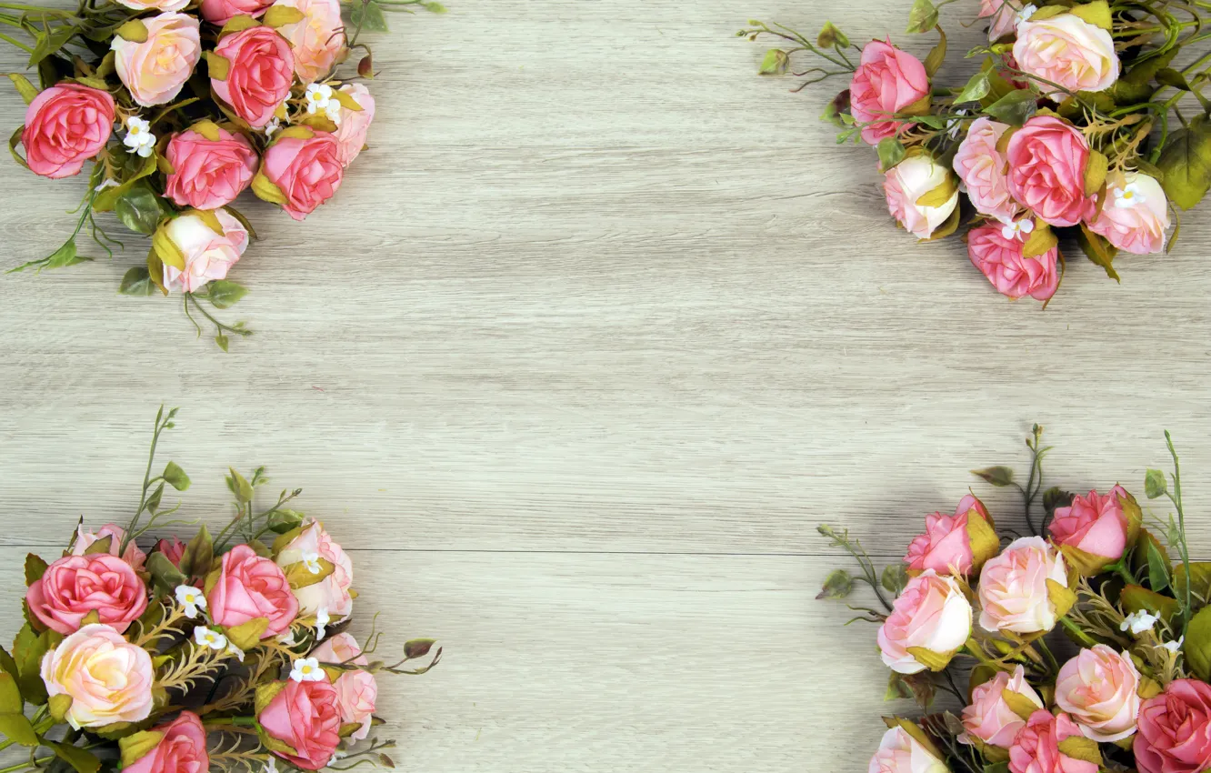 Photo wallpaper flowers, roses, wood, pink, flowers, roses