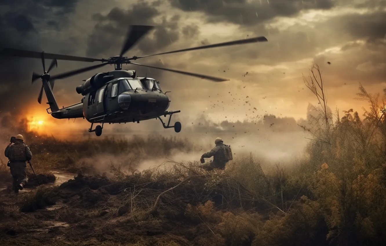 Photo wallpaper grass, soldiers, helicopter, digital art, AI art, The Art of Artificial Intelligence, neural network