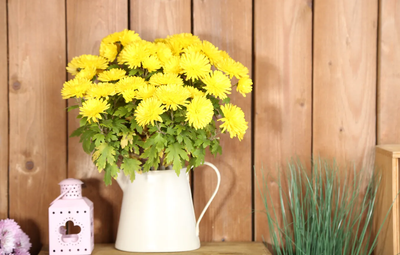 Photo wallpaper flowers, bouquet, yellow, pitcher, chrysanthemum, flowers, lantern