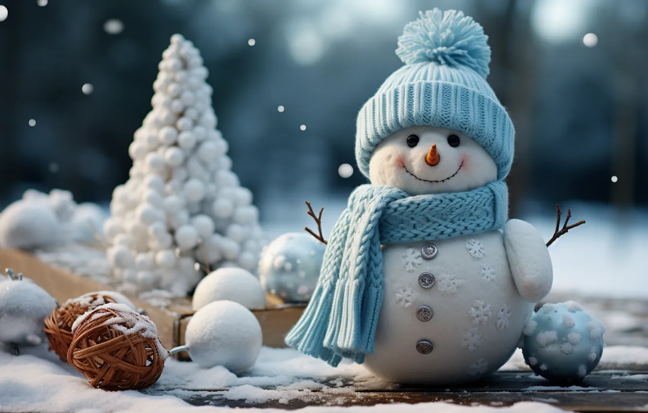 Photo wallpaper winter, snow, decoration, snowflakes, New Year, Christmas, snowman, new year