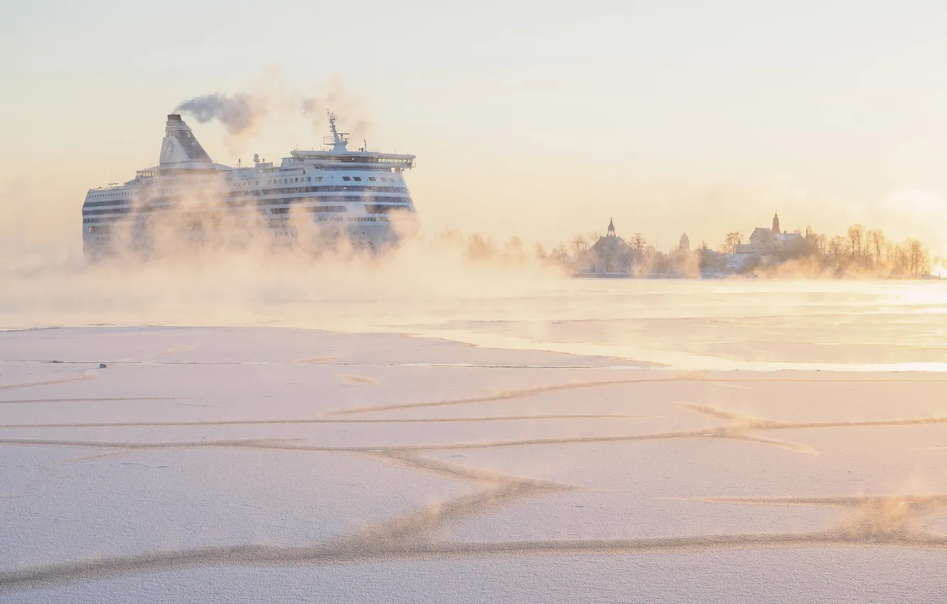 Photo wallpaper winter, fog, ship, morning