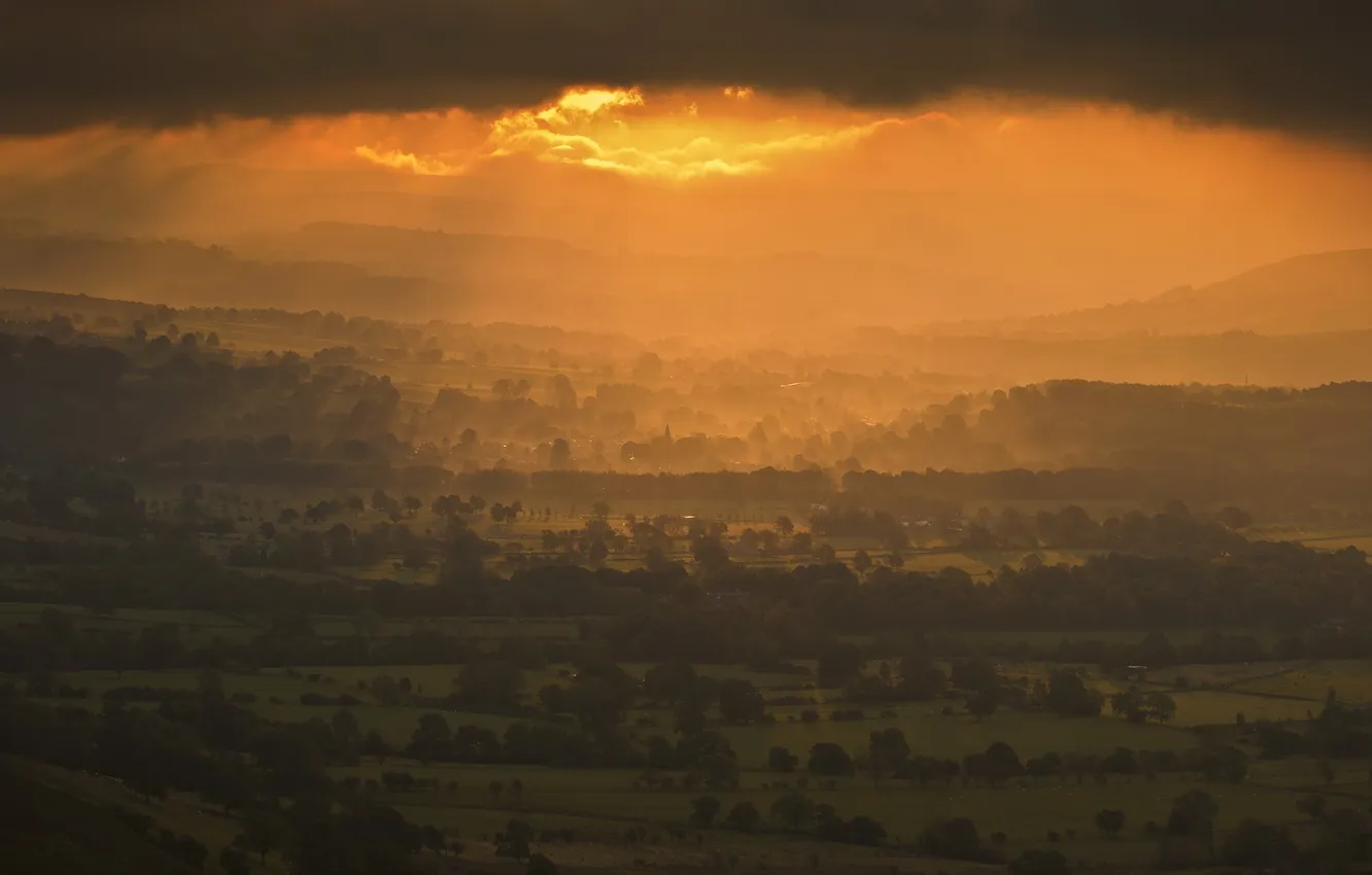 Photo wallpaper field, the sky, landscape, sunset, fog