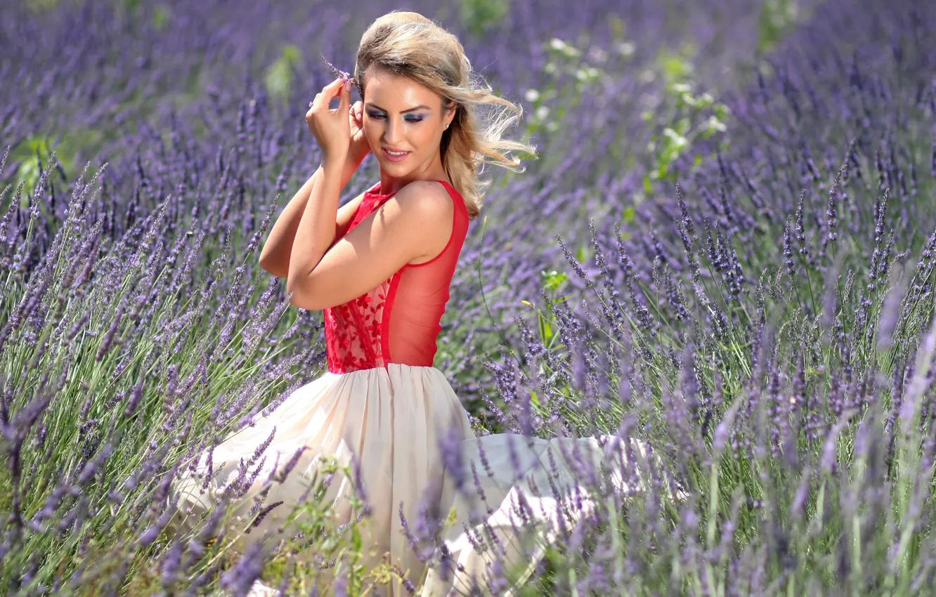 Photo wallpaper field, summer, girl, nature, skirt, blonde, blouse, lavender