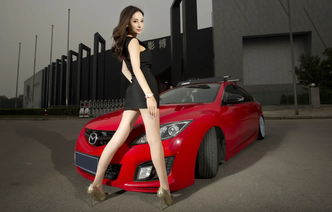 Photo wallpaper look, Girls, Mazda, Asian, beautiful girl, red car, posing on the car