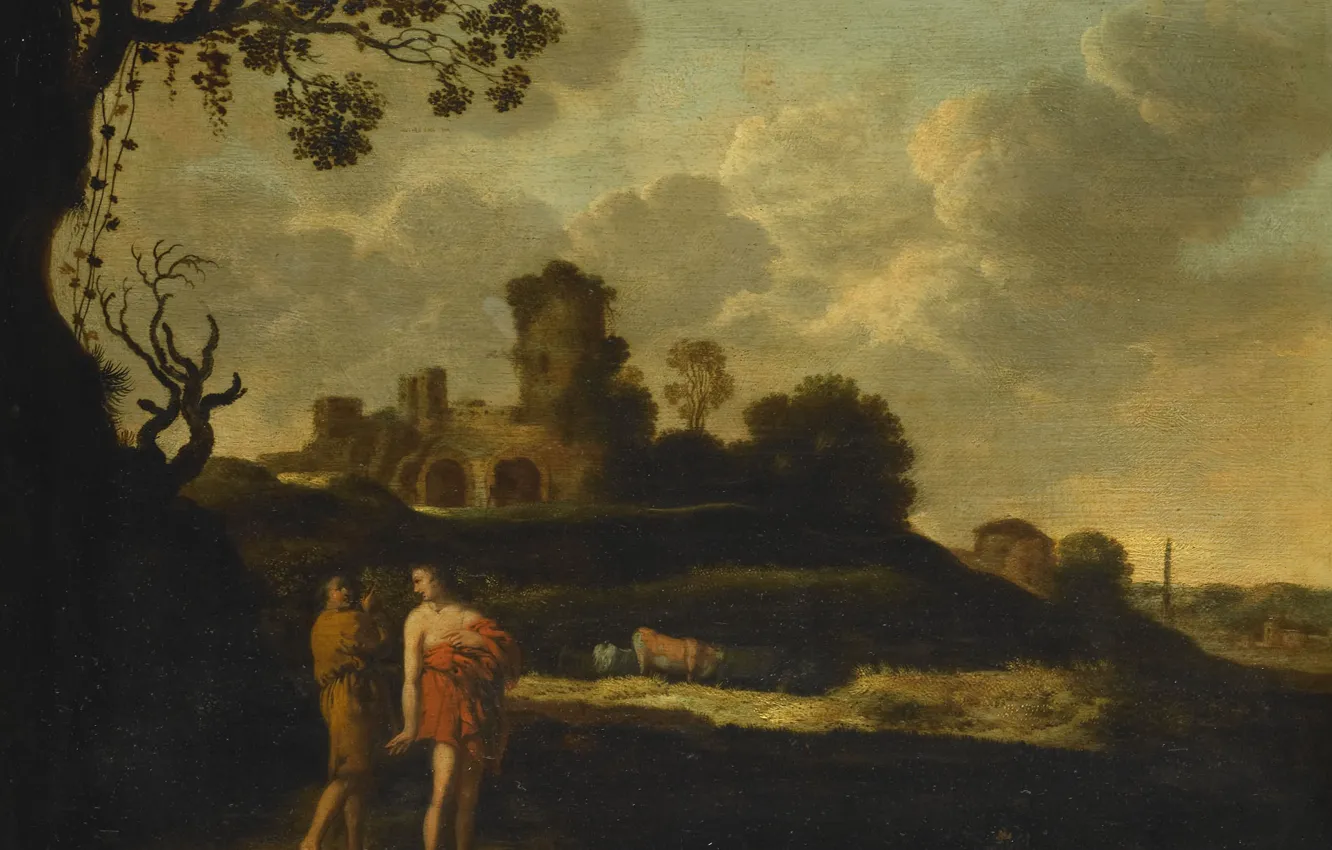 Photo wallpaper oil, picture, Arcadian Landscape with Shepherds and Cows, 1676, Dirk Dalens, Dirck Dalens