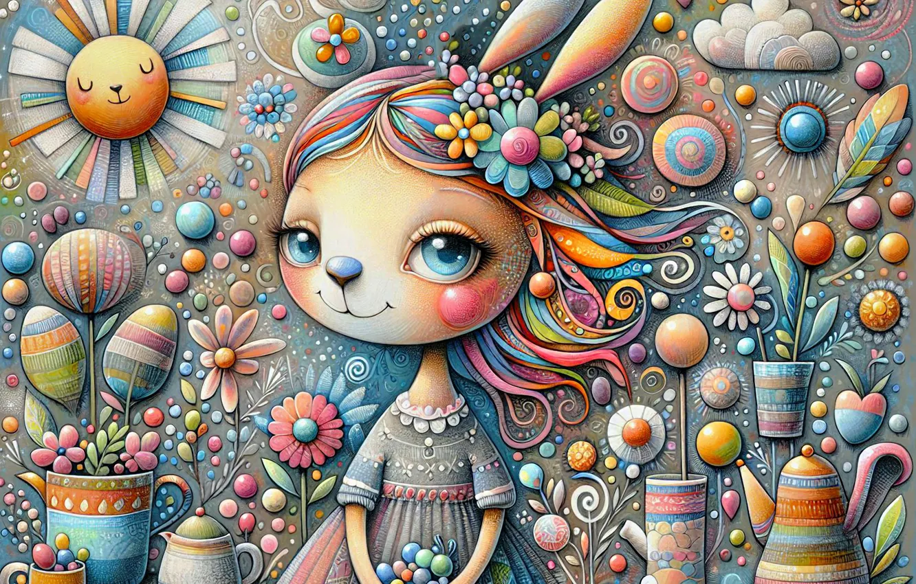 Photo wallpaper the sun, clouds, flowers, pattern, hare, styling, dress, girl