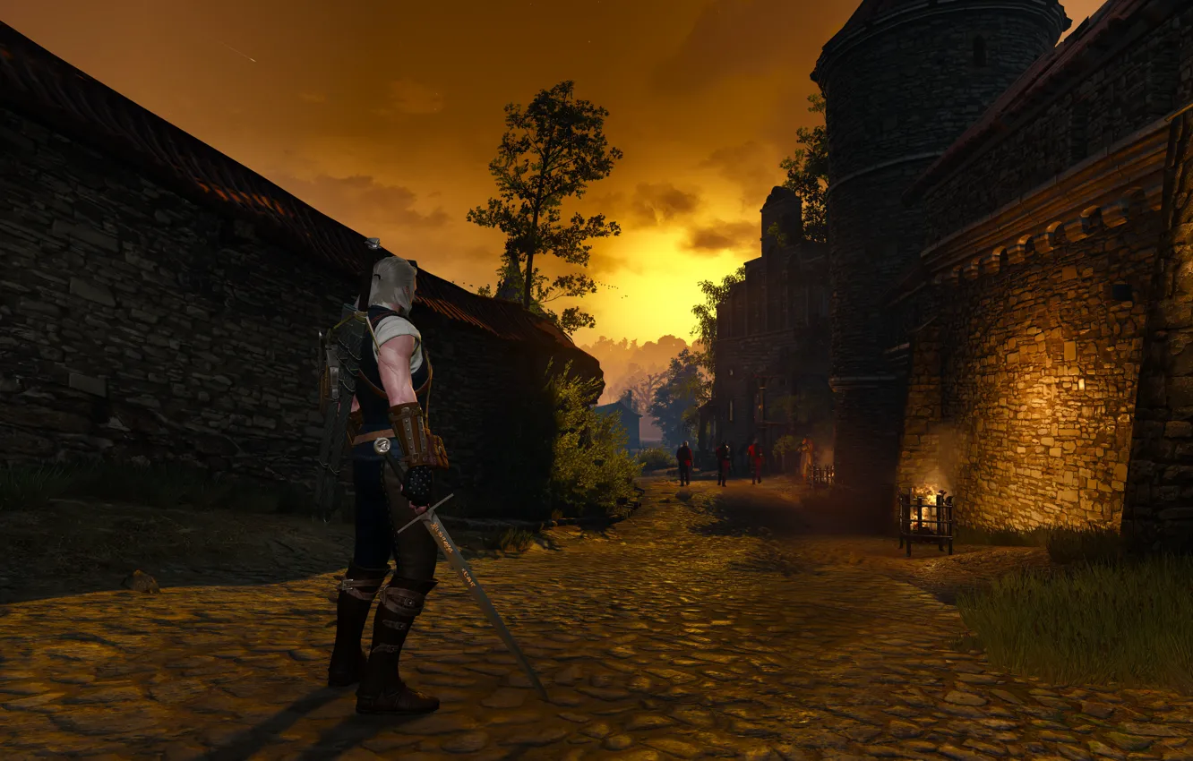Photo wallpaper sunset, the city, the evening, Sword, Warrior, Armor, The Witcher, The Witcher
