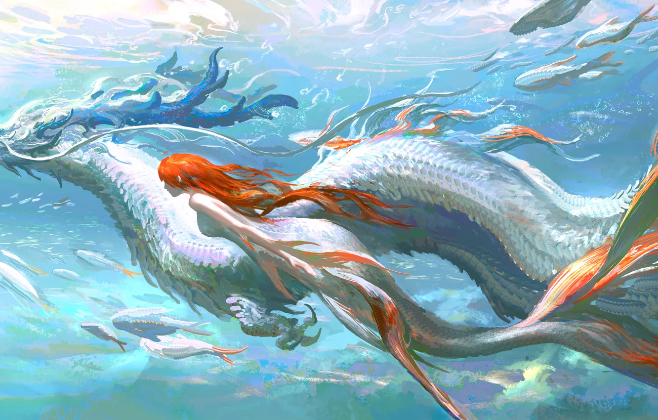 Photo wallpaper girl, fantasy, underwater, dragon, digital art, Mermaid, fish, artwork