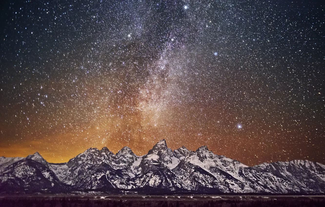 Photo wallpaper snow, mountains, valley, The milky way, fire in the sky