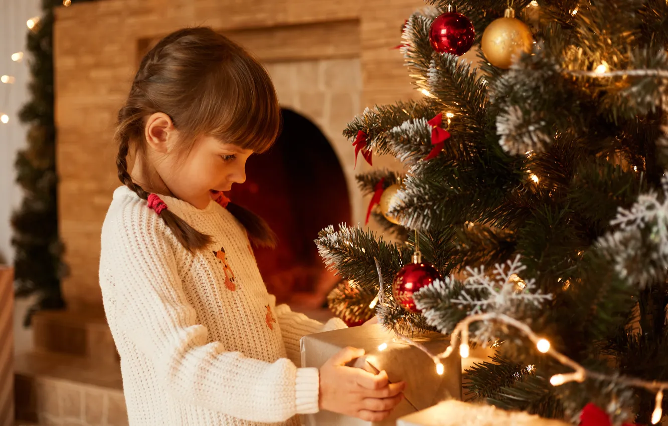 Photo wallpaper child, Christmas, girl, New year, Christmas decorations, Christmas tree