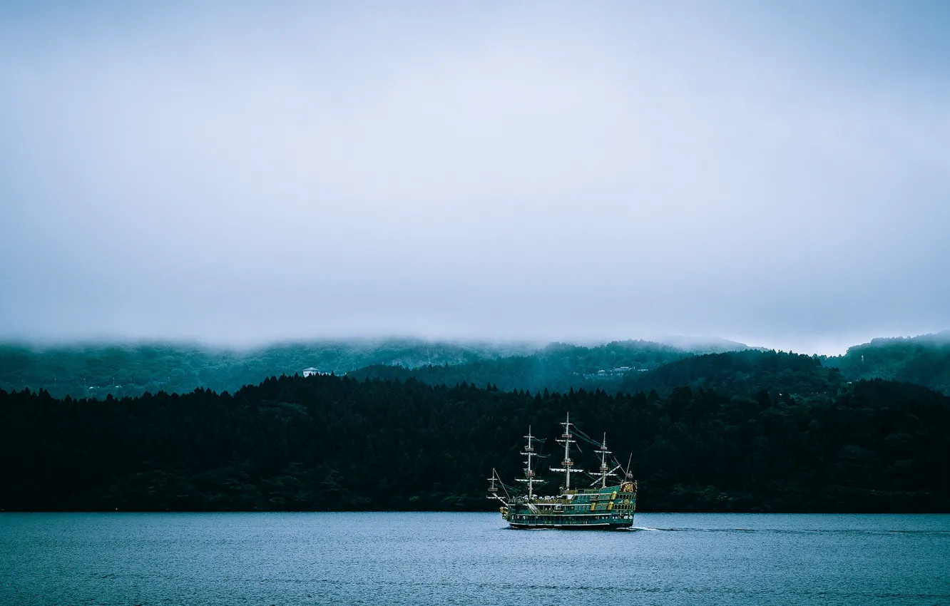 Photo wallpaper lake, fog, pirate ship, mist, cloudy