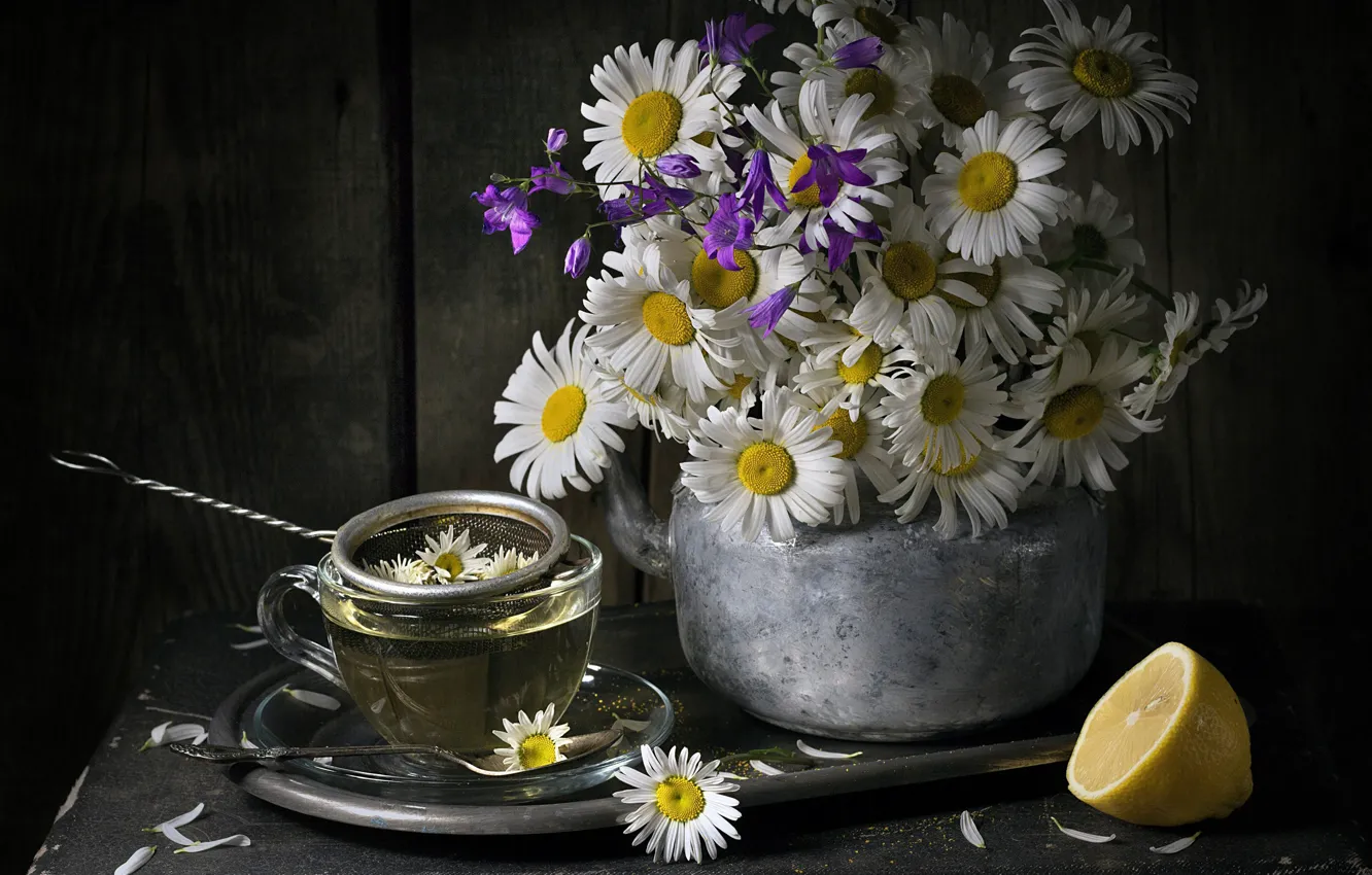 Photo wallpaper lemon, tea, chamomile, bouquet, kettle, mug, still life, bells