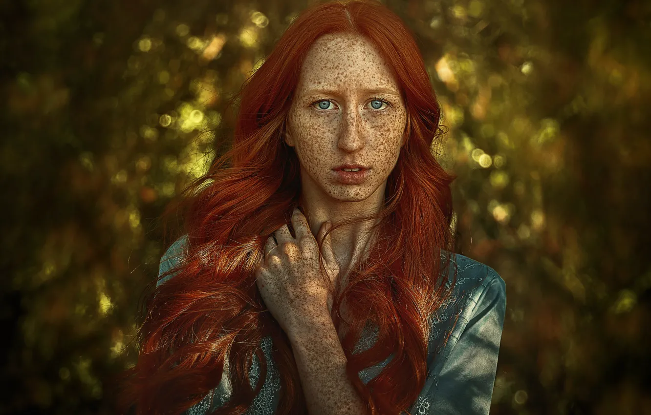 Photo wallpaper portrait, freckles, redhead, bokeh, TJ Drysdale