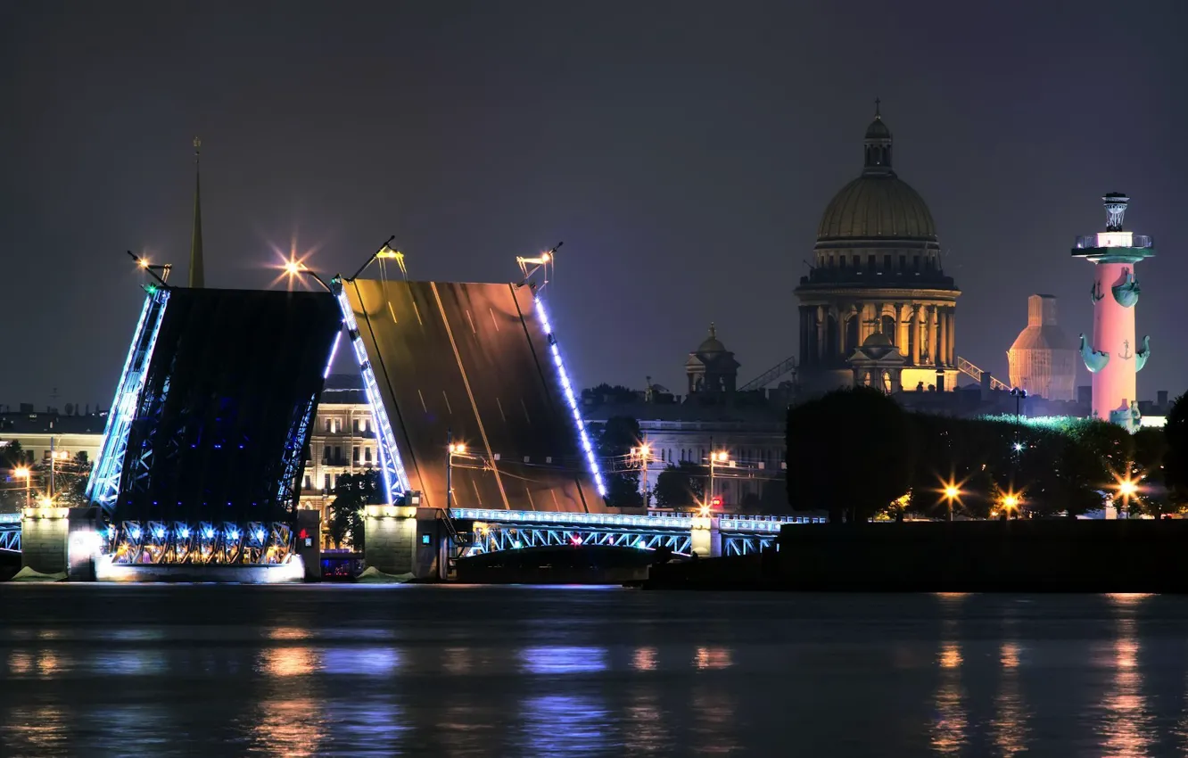 Photo wallpaper Road, Lights, Bridge, Night, The city, Peter, River, Cathedral