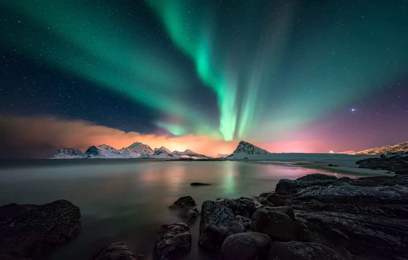 Photo wallpaper sea, the sky, mountains, night, Northern lights, North