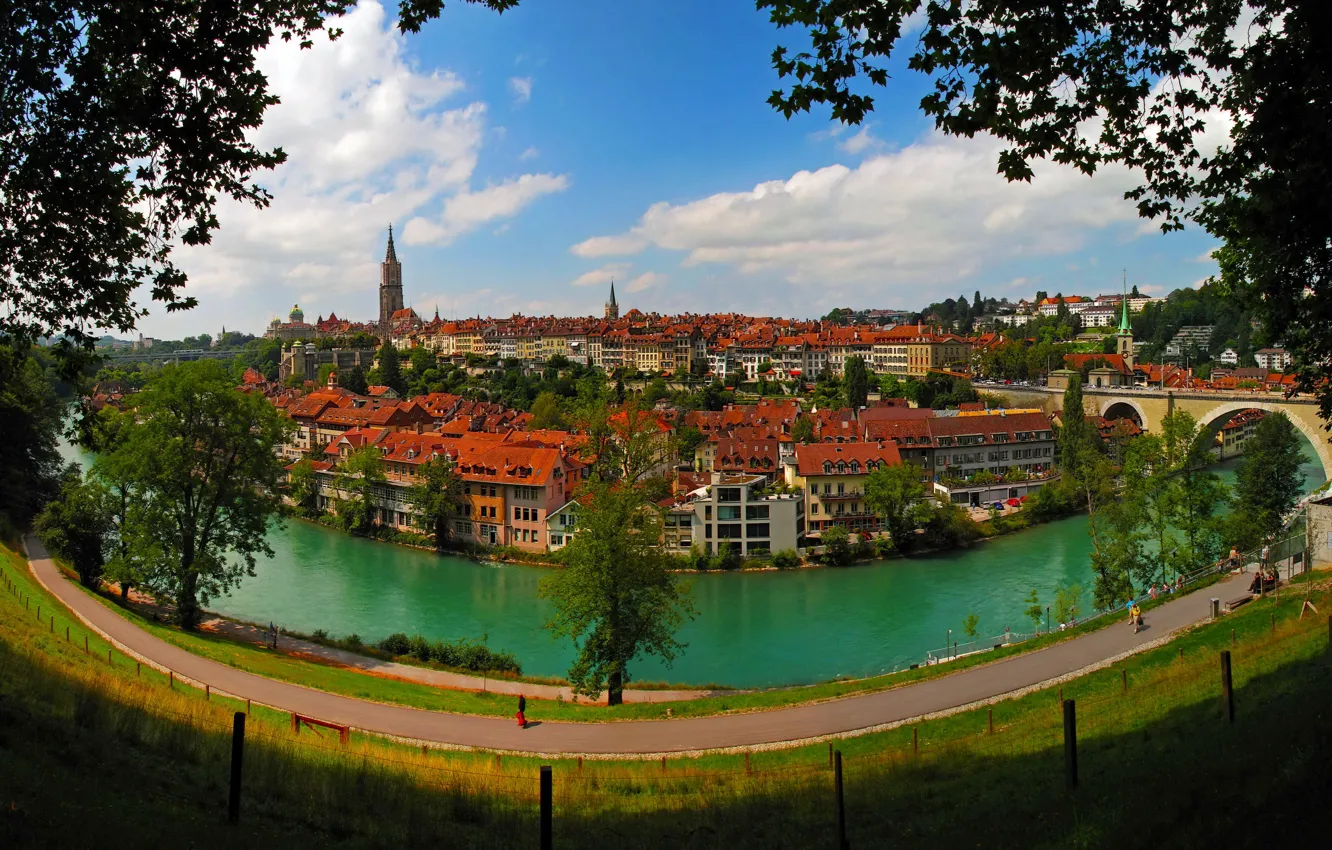 Photo wallpaper branches, bridge, the city, river, home, Switzerland, promenade, Switzerland