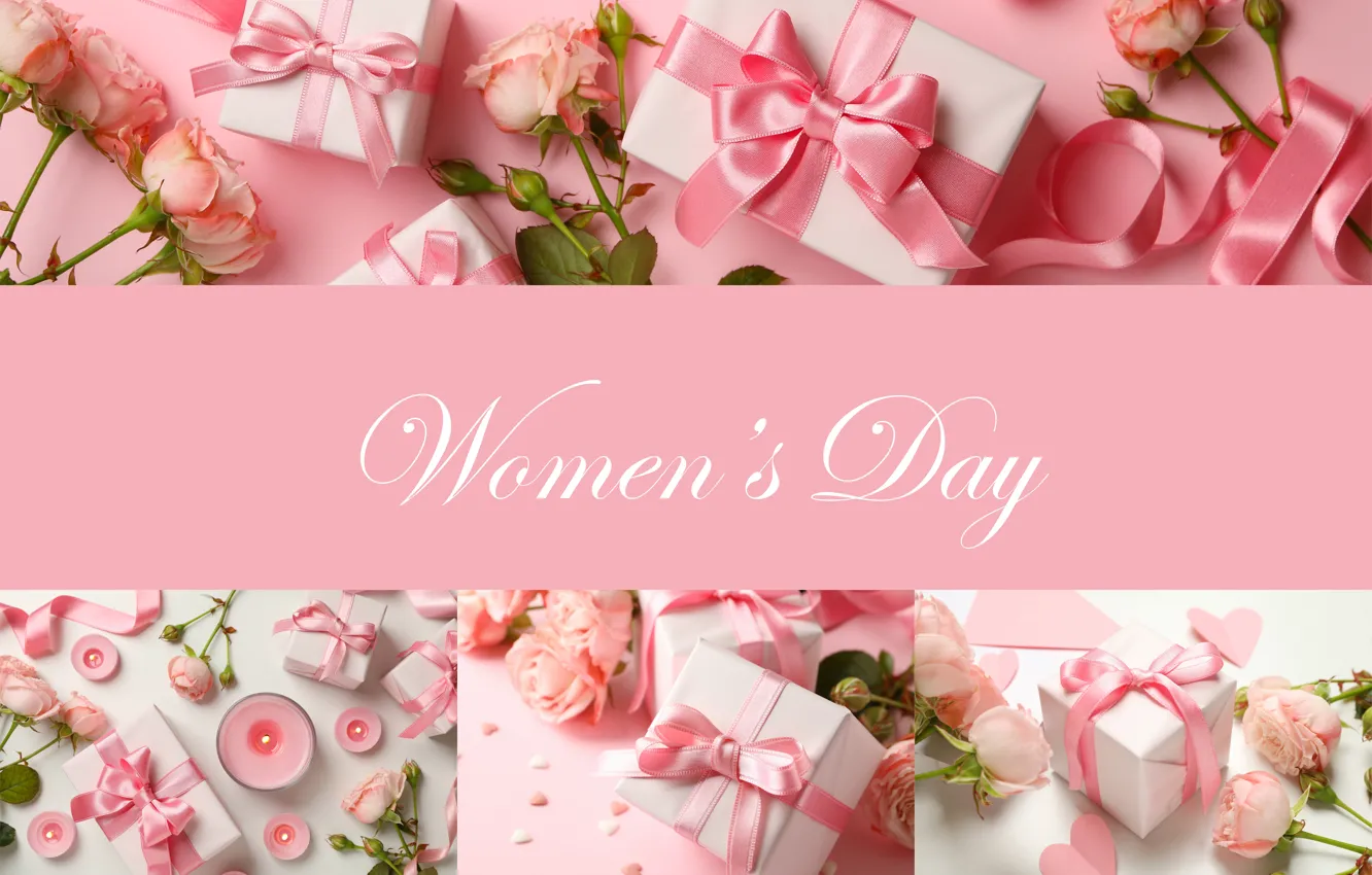 Photo wallpaper flowers, gift, roses, candles, March 8, pink, flowers, spring