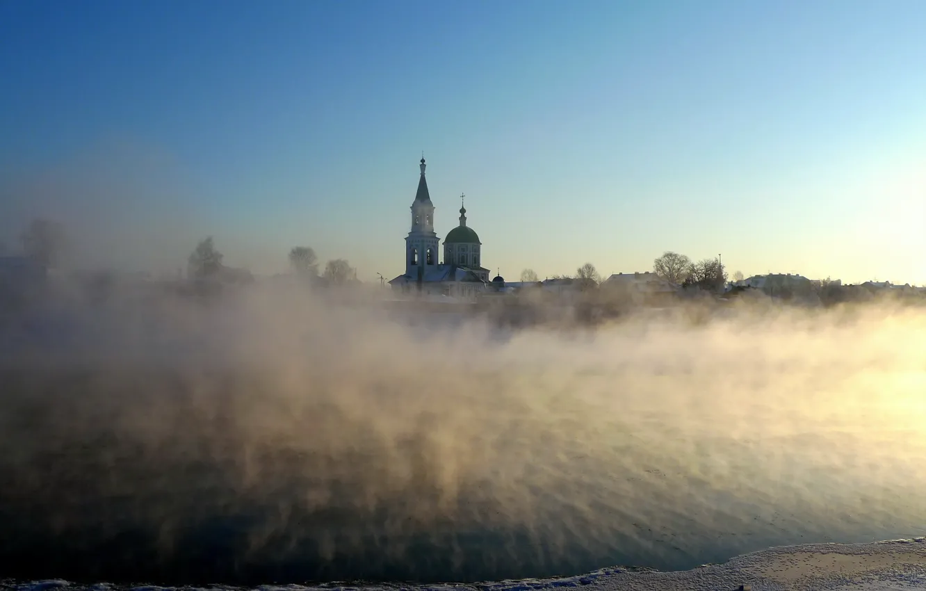 Photo wallpaper fog, morning, temple, Tver