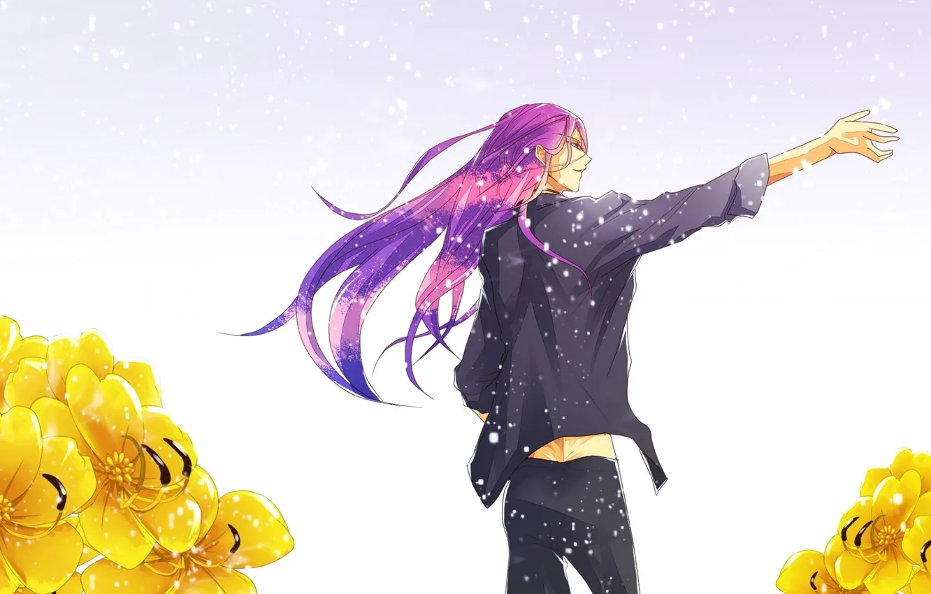 Photo wallpaper snow, flowers, yellow, vocaloid, gesture, long hair, kamui gakupo