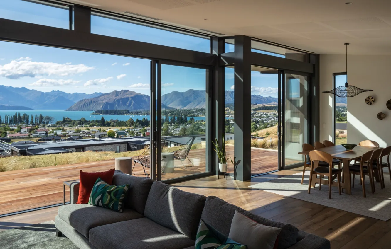 Photo wallpaper interior, New Zealand, terrace, living room, dining room, Wanaka, Wanaka, lake view