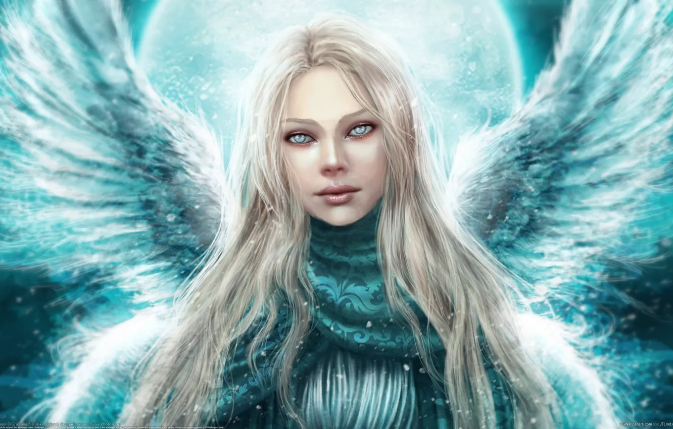 Photo wallpaper winter, look, girl, wings, angel