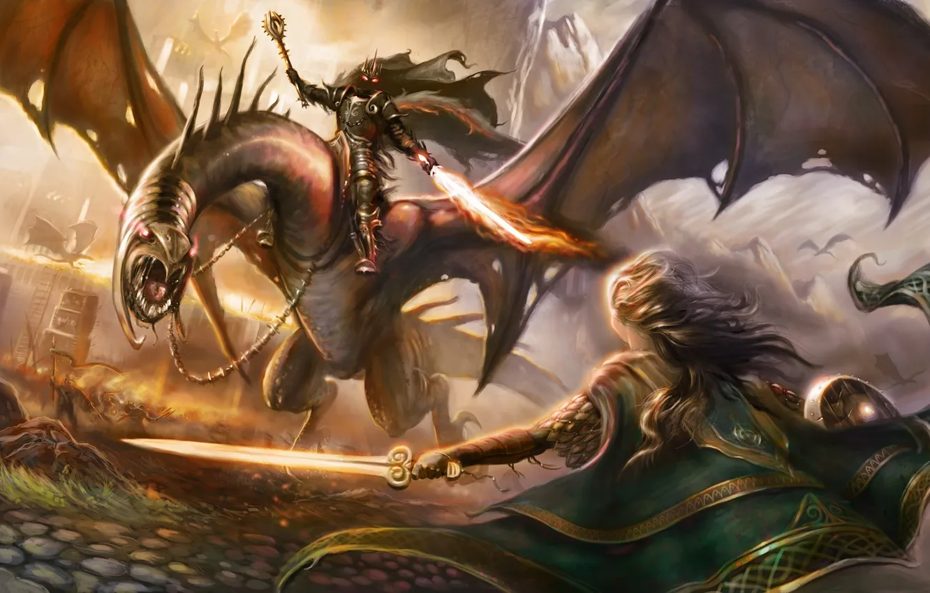 Photo wallpaper weapons, fire, magic, sword, the Lord of the rings, art, lizard, battle