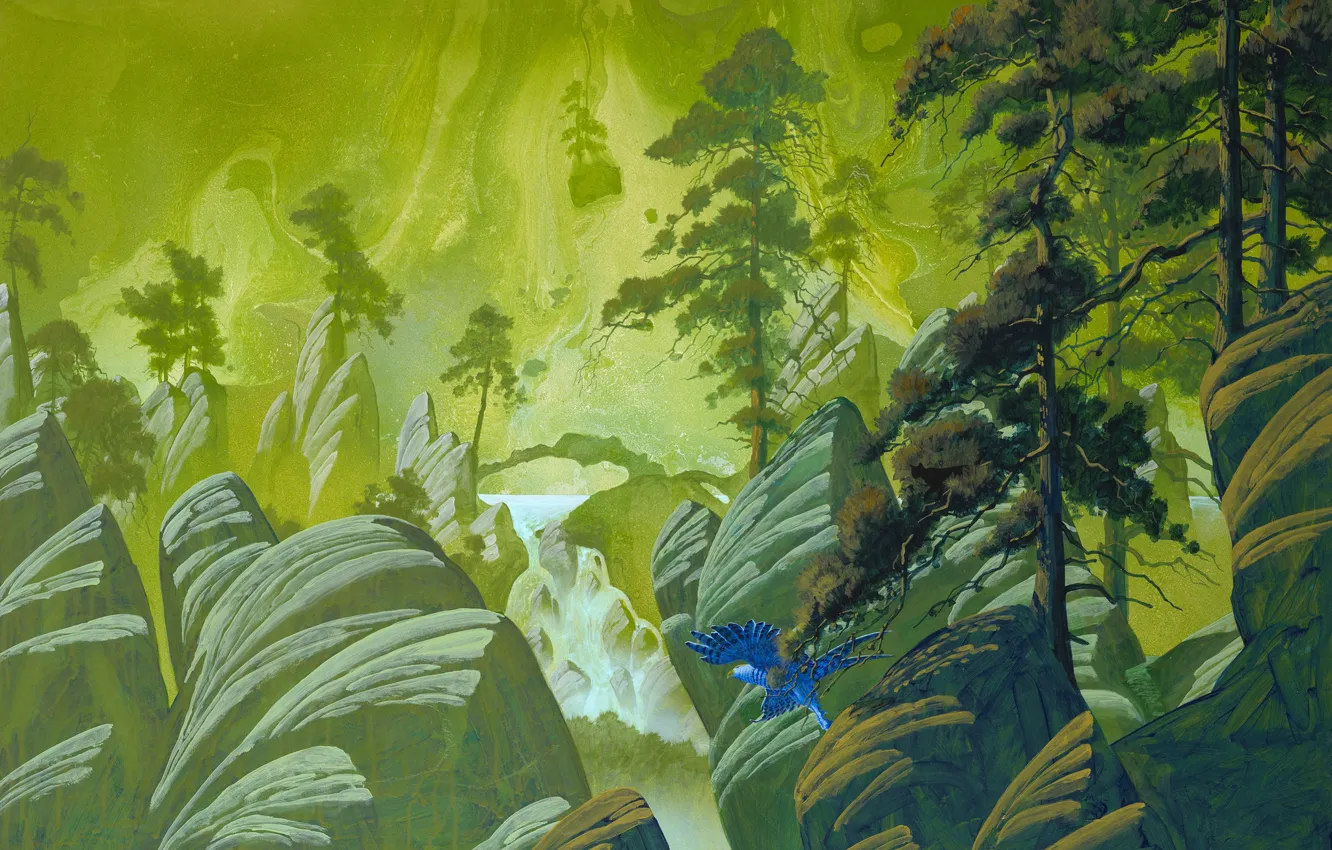 Photo wallpaper trees, flight, stones, fiction, rocks, bird, waterfall, art