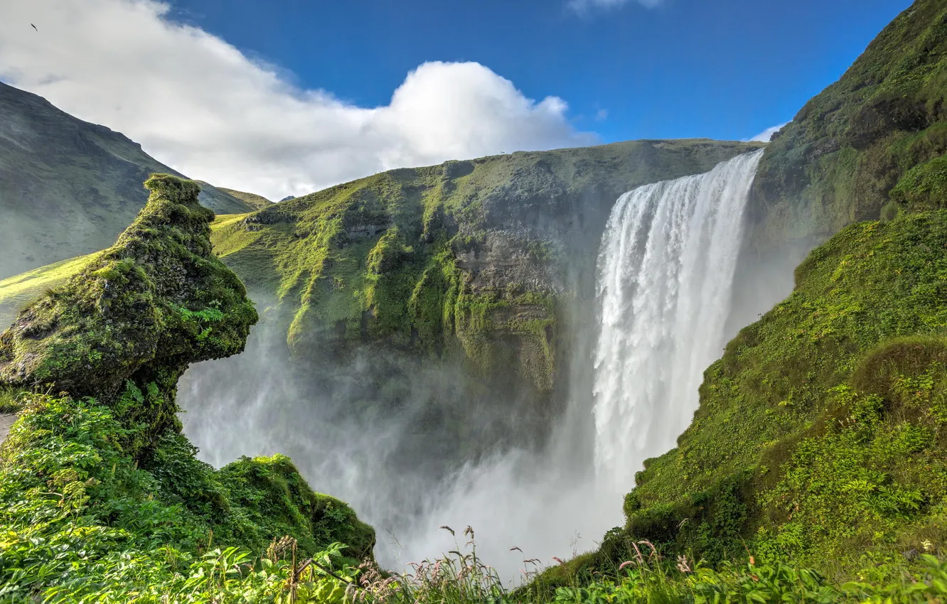 Photo wallpaper the sky, clouds, mountains, nature, waterfall